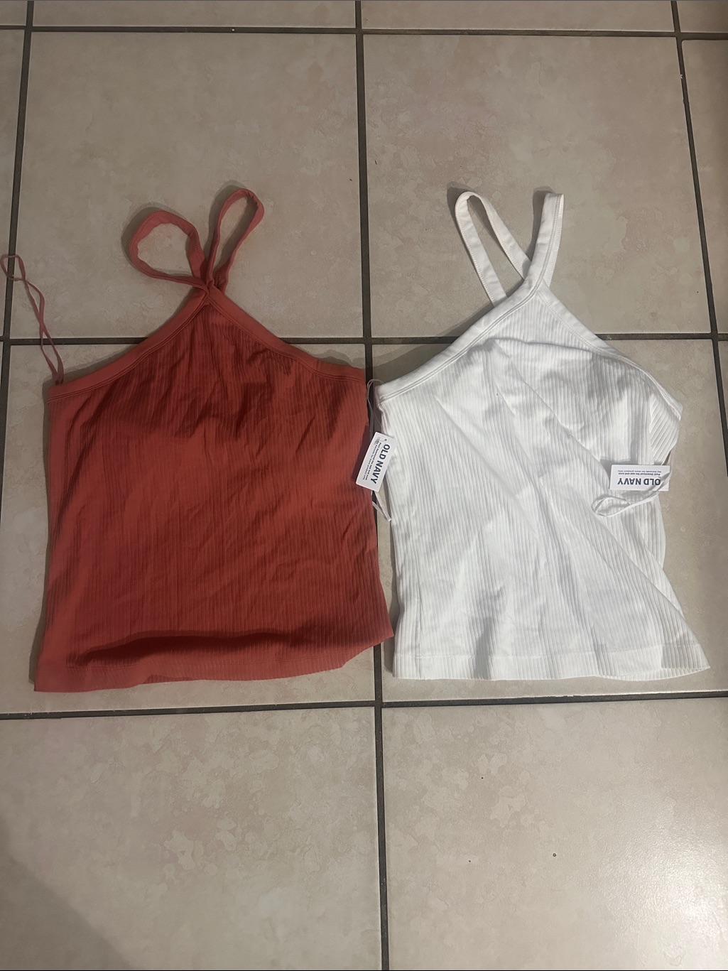 Nwt Two Old Navy Ribbed Halter Tank Spaghetti Strap Tank -White And Rust Sz L